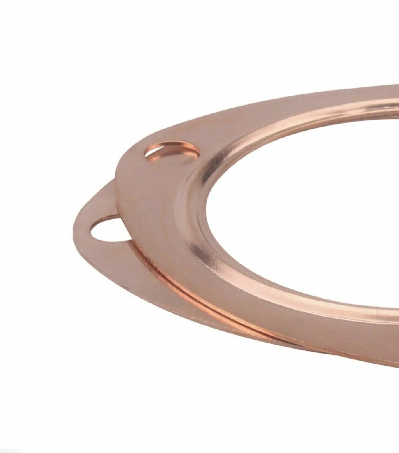 Two 2.5-inch copper header exhaust collector gaskets with three-bolt flanges, suitable for universal engine exhaust systems.