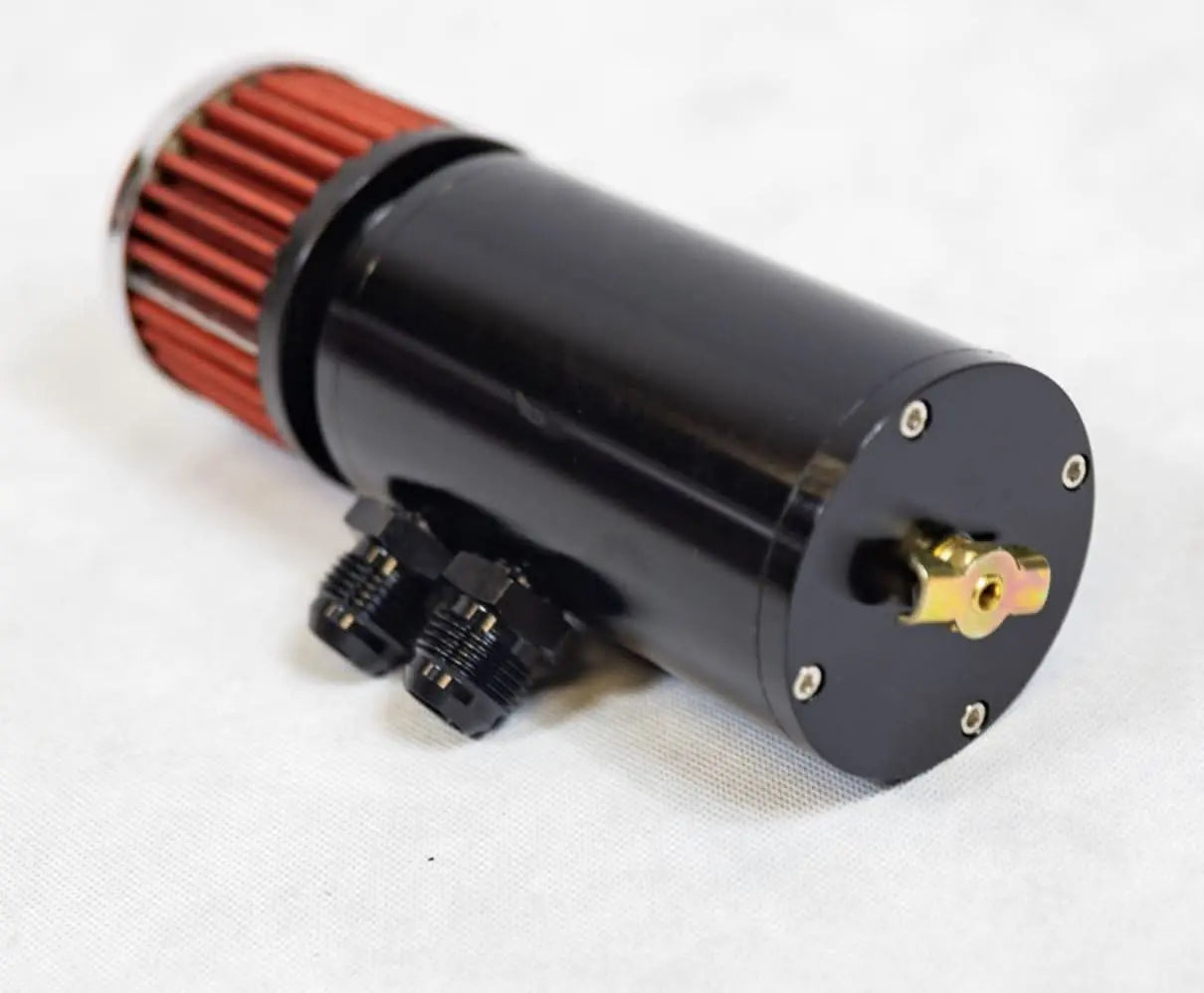 Jack Spania Racing universal 2 port catch can baffled breather filter with AN8 oil reservoir tank for engine ventilation.