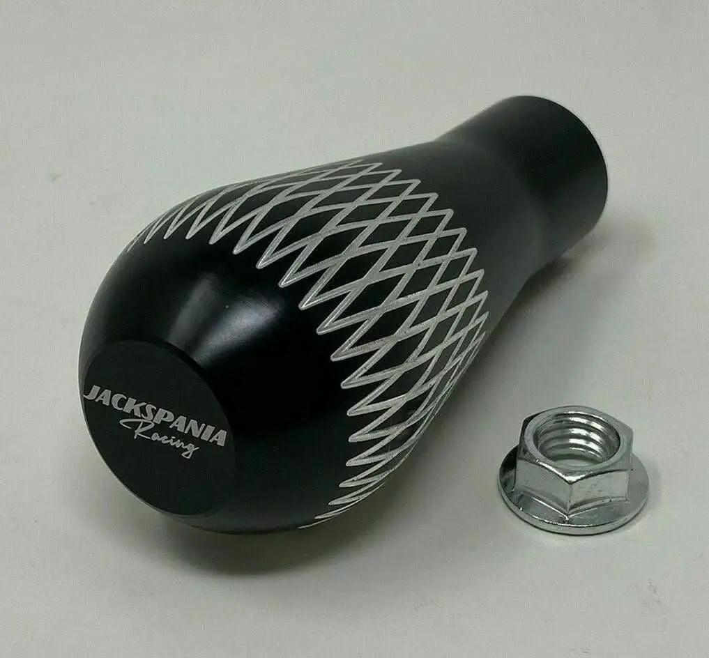 Jack Spania Racing billet tear drop weighted shift knob, 195g, aluminum, M10 x 1.5, for interior use on EG, EK, DC2 Honda models.
