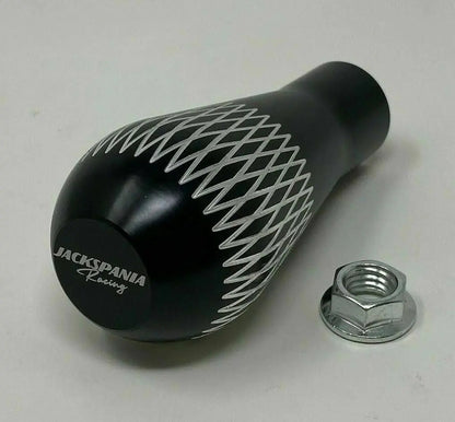 Jack Spania Racing billet tear drop weighted shift knob, 195g, aluminum, M10 x 1.5, for interior use on EG, EK, DC2 Honda models.