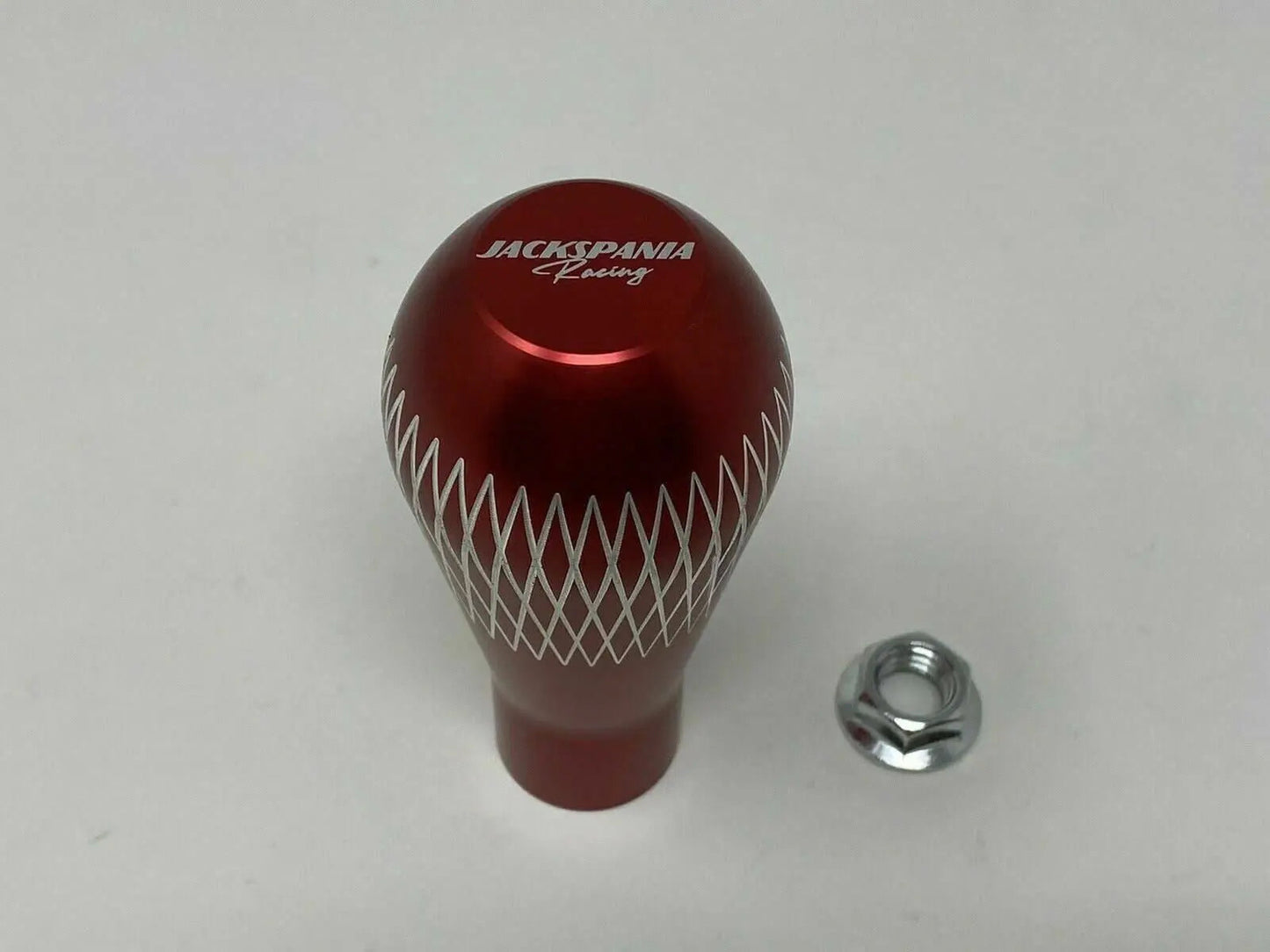 Jack Spania Racing billet tear drop weighted shift knob, 195 grams, aluminum, M10 x 1.5, for interior car gear shift.
