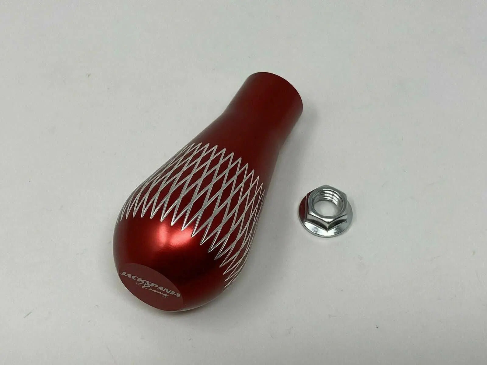 Jack Spania Racing billet tear drop weighted shift knob in aluminum, 195 grams, M10 x 1.5, designed for interior gear shift upgrades.