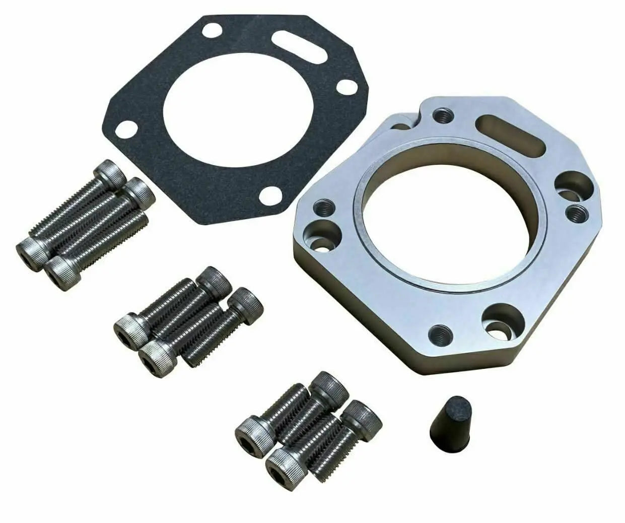 Jack Spania Racing K20/K24 throttle body adapter plate for Honda Acura Civic RSX DC2 EK EP3 engine parts, metal component on engine.
