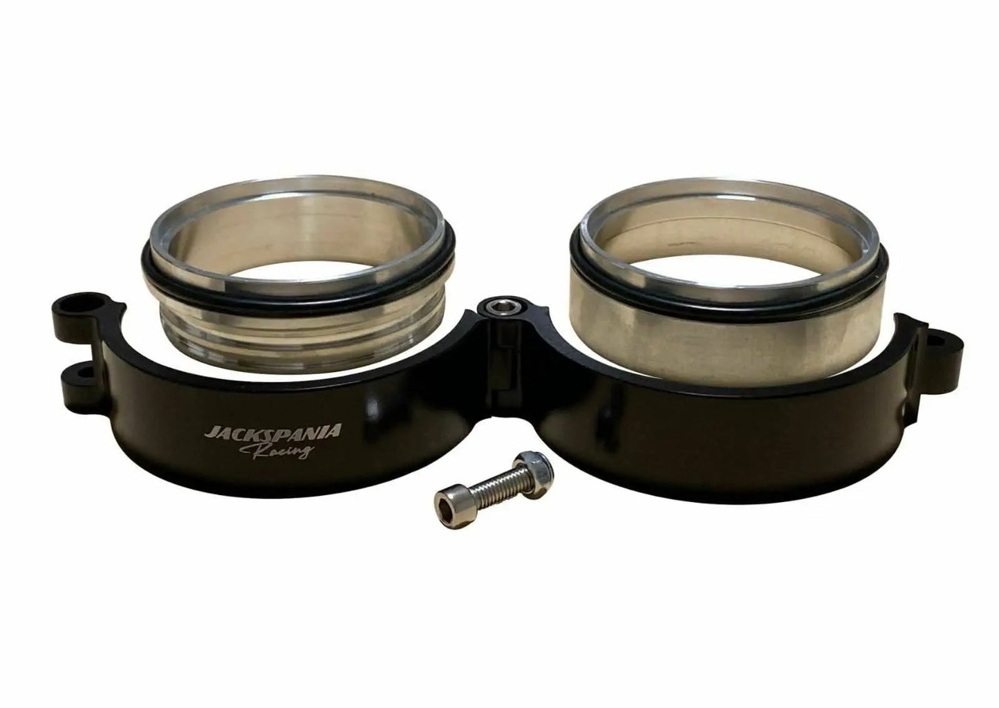 Jack Spania Racing aluminum V-band clamp kit for 2.5 and 3-inch intercooler pipes, includes HD clamps for engine performance.