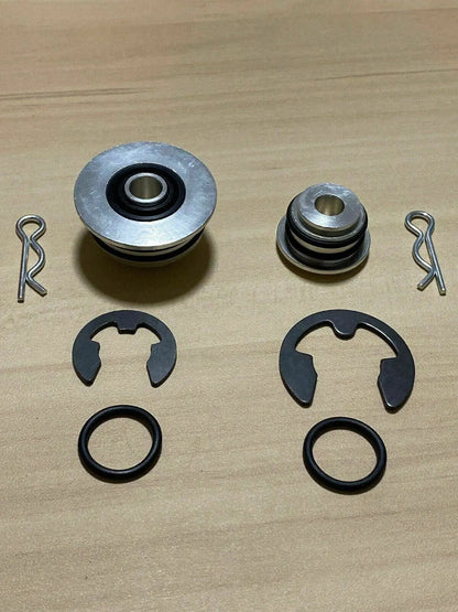Jack Spania Racing billet spherical shifter cable bushings for OEM K20 K24 DC2 EK CRX Si transmission cables, shown installed.
