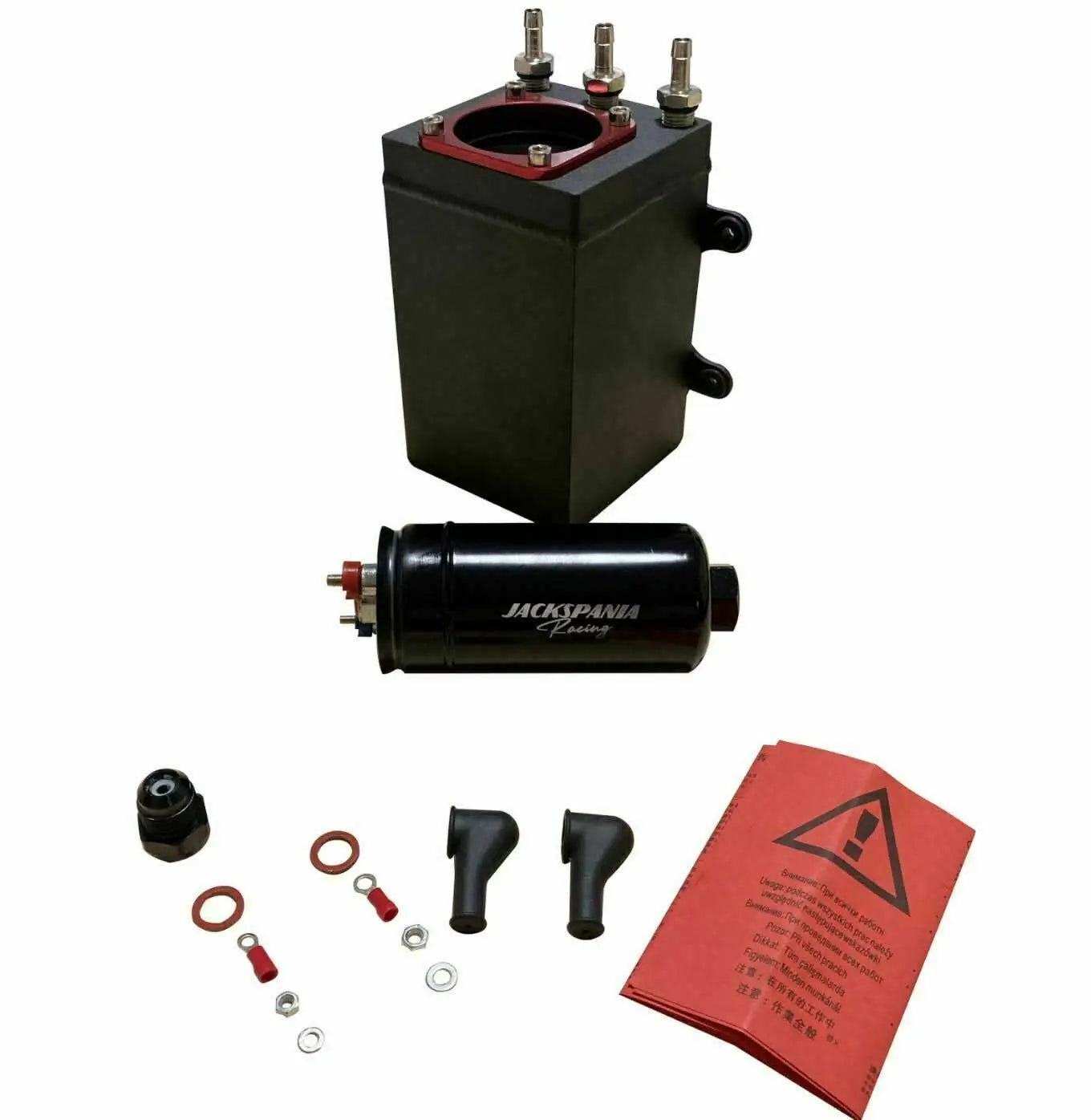 Jack Spania Racing billet aluminum external fuel pump surge tank for AEM Bosch 044 380LPH E85 engine fuel system.