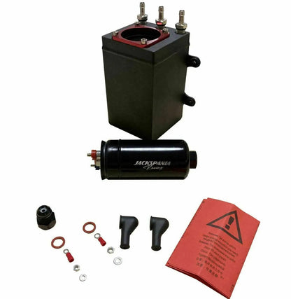 Jack Spania Racing billet aluminum external fuel pump surge tank for AEM Bosch 044 380LPH E85 engine fuel system.