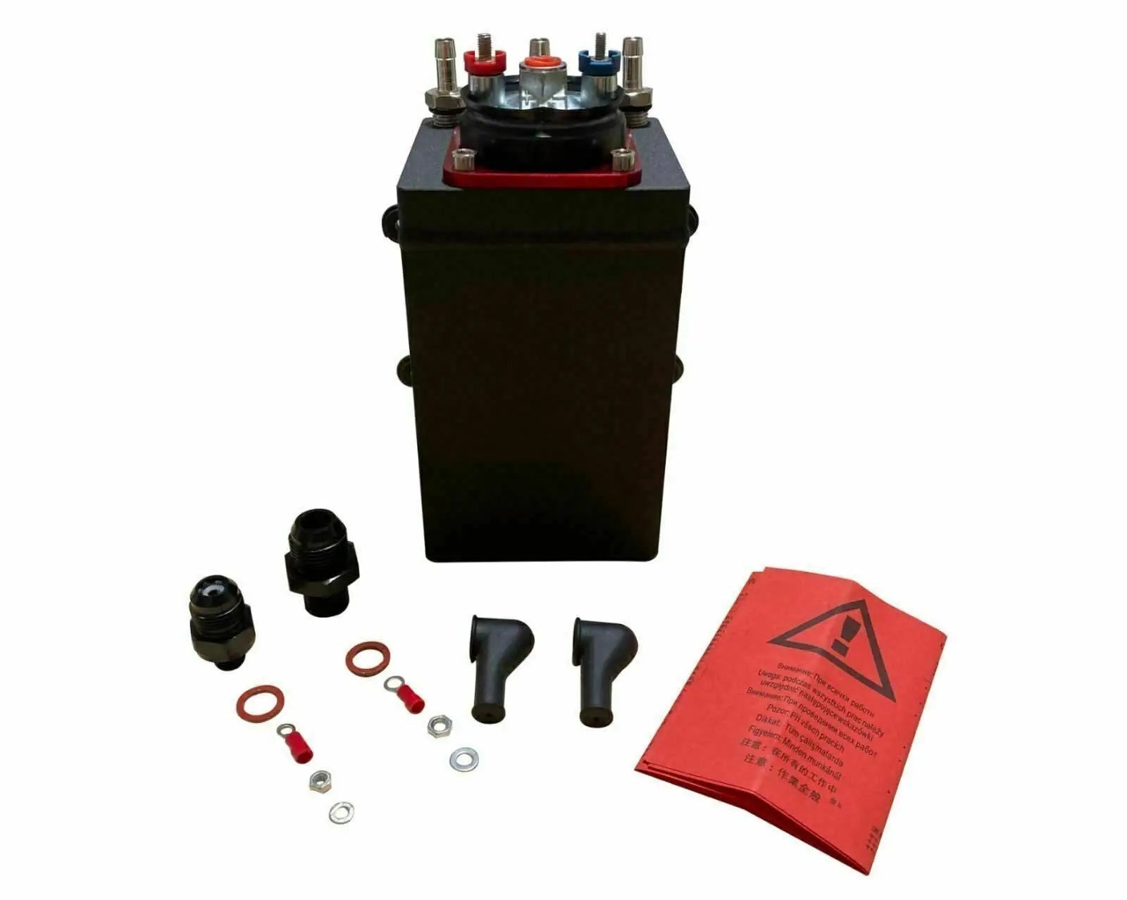 Jack Spania Racing billet aluminum external fuel pump surge tank for AEM Bosch 044 380LPH E85 fuel system, with fittings and mounting points