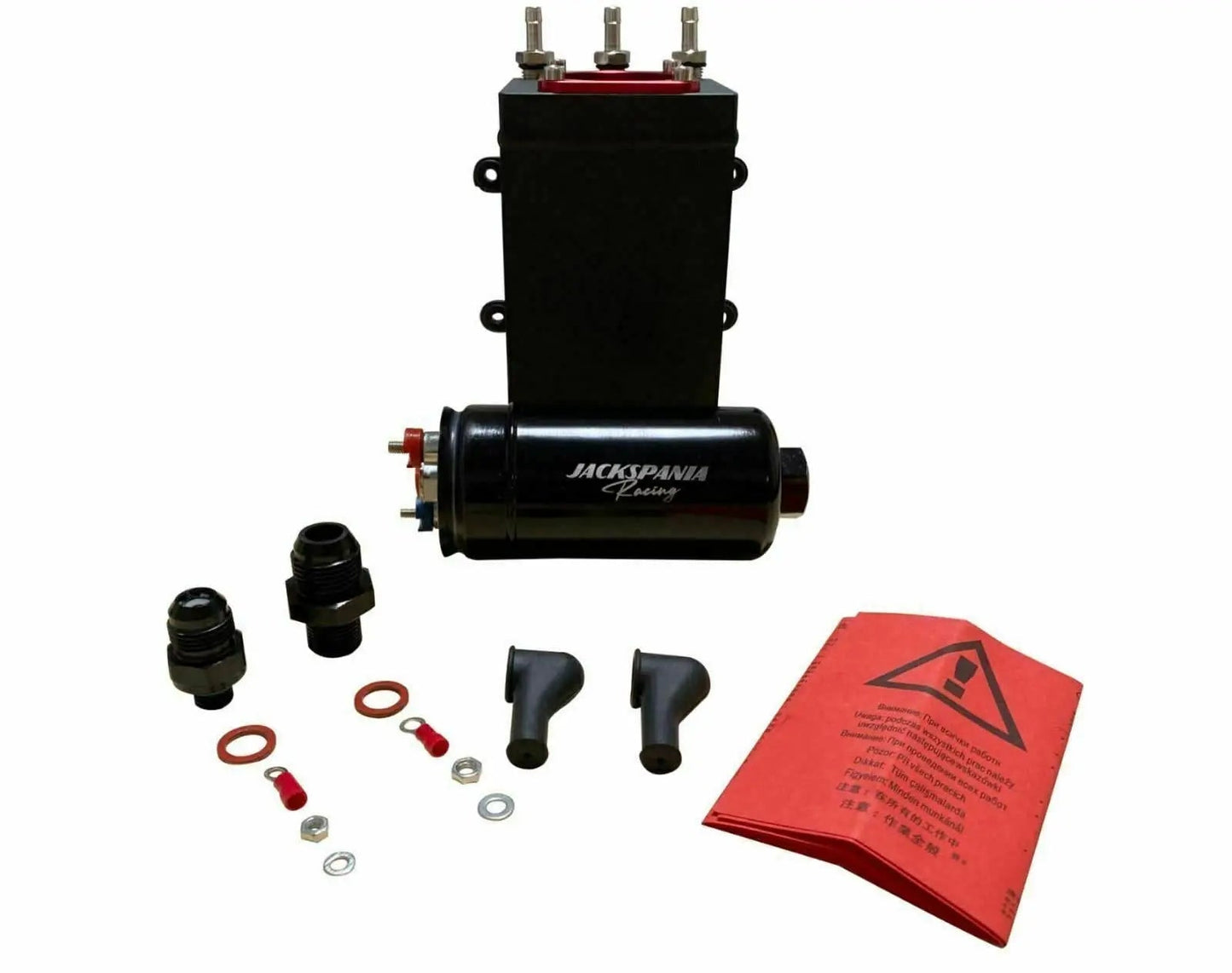 Jack Spania Racing billet aluminum external fuel pump surge tank for AEM Bosch 044 380LPH E85 engines, compact and durable.