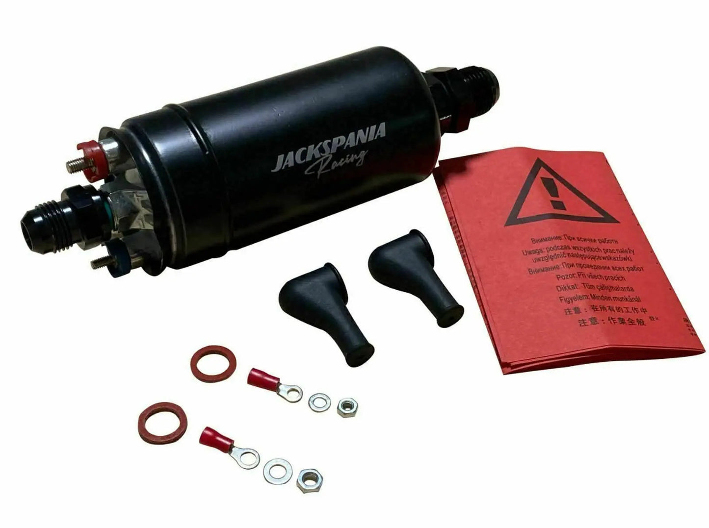Billet aluminum external fuel pump surge tank for AEM Bosch 044 380LPH E85, by Jack Spania Racing, engine part with fittings.