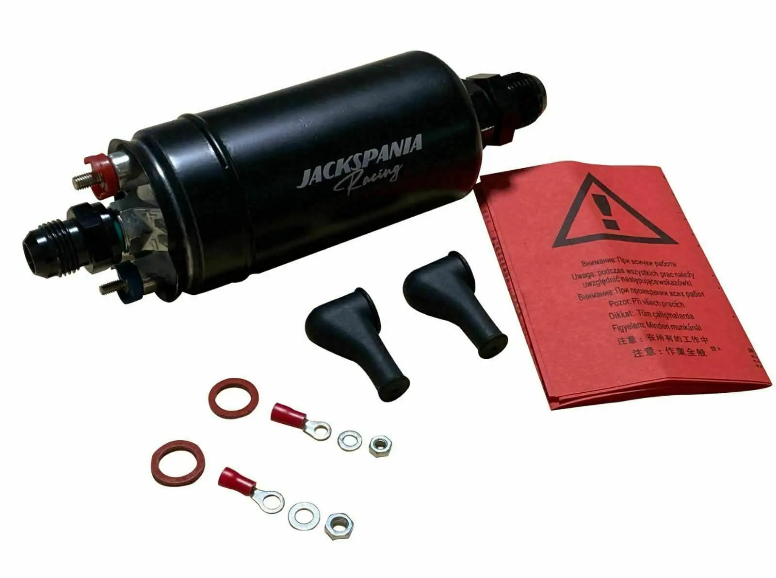 Billet aluminum external fuel pump surge tank for AEM Bosch 044 380LPH E85, by Jack Spania Racing, engine part with fittings.