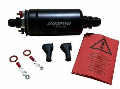 External inline fuel pump for Bosch 044, AEM check valve, 10AN, 8AN, high-flow 380LPH, compatible with 1000HP engines, Jack Spania Racing