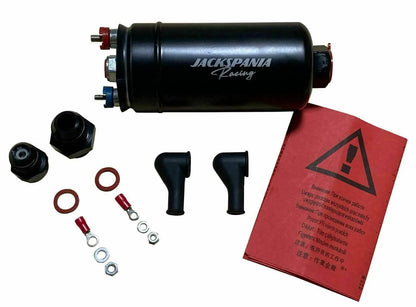 Jack Spania Racing 380LPH external inline fuel pump with check valve, compatible with Bosch 044 and AEM 10AN/8AN for high-performance engines