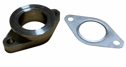 38mm wastegate adapter from Jack Spania Racing, V-band to 2-bolt flange with gasket, compatible with TiAL MVS turbocharger.