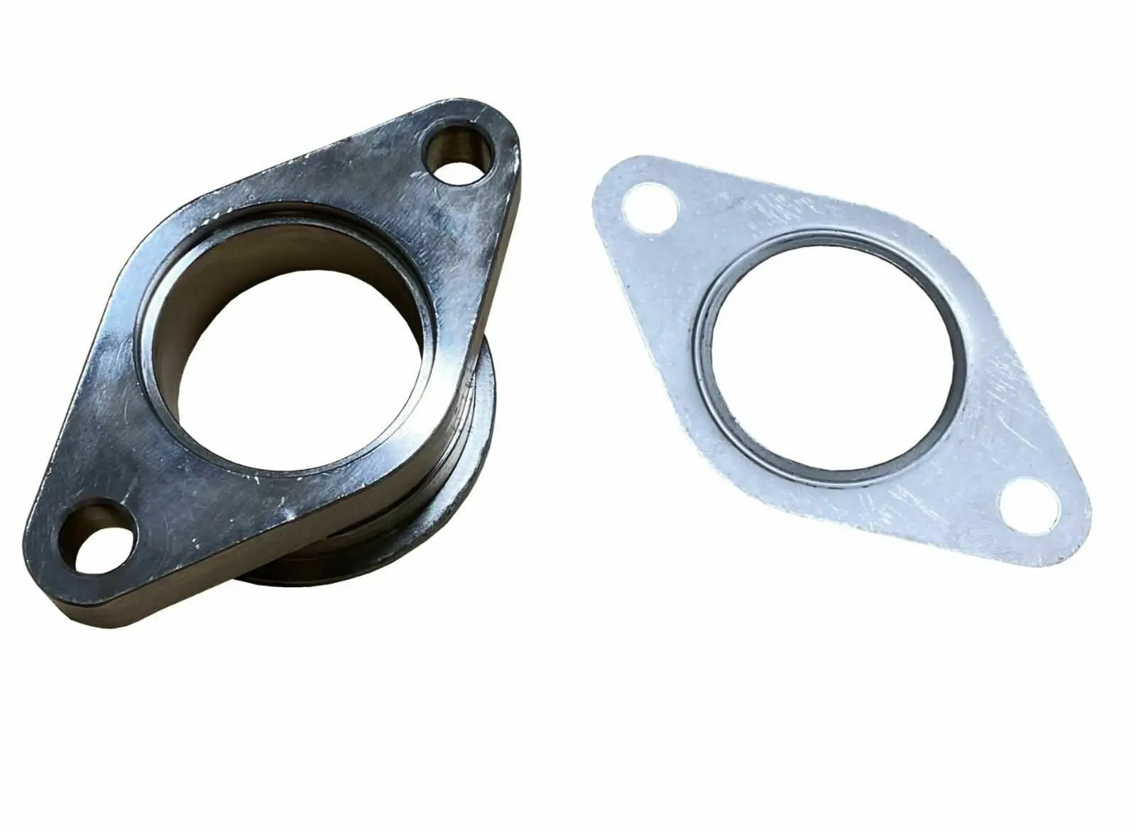 38mm Wastegate Adapter from Jack Spania Racing, V-band to 2-bolt flange with gasket, compatible with TiAL MVS turbocharger.