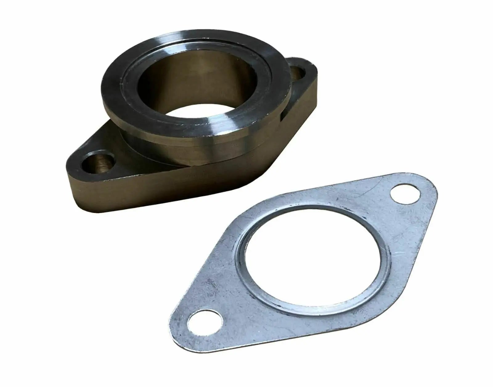 38mm wastegate adapter with V-band to 2-bolt flange and gasket for TiAL MVS, made by Jack Spania Racing engine parts.