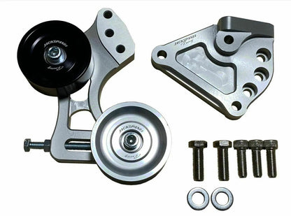 Jack Spania Racing K Series Side Mount Pulley Kit for Honda Acura Civic CRV engine, showing pulley components and mounting hardware.