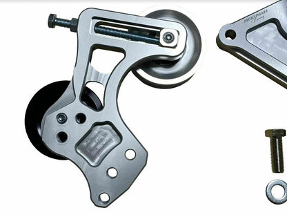 Jack Spania Racing K Series Side Mount Pulley Kit for Honda Acura K24 engine, includes pulleys and mounting hardware.