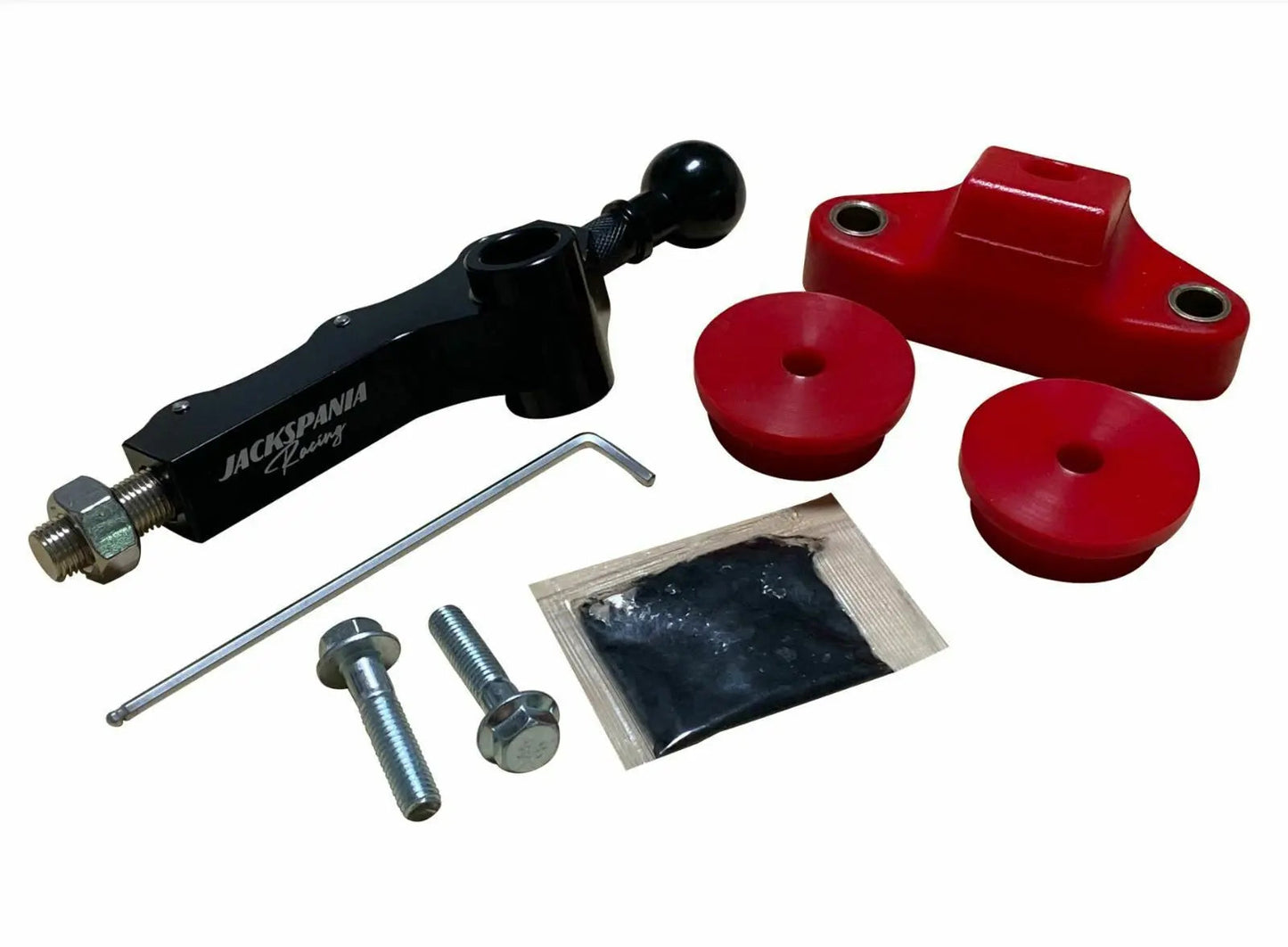 Jack Spania Racing short shifter kit with bushings for Subaru Impreza WRX and Legacy 5-speed transmission, showing the shifter parts and bushings.