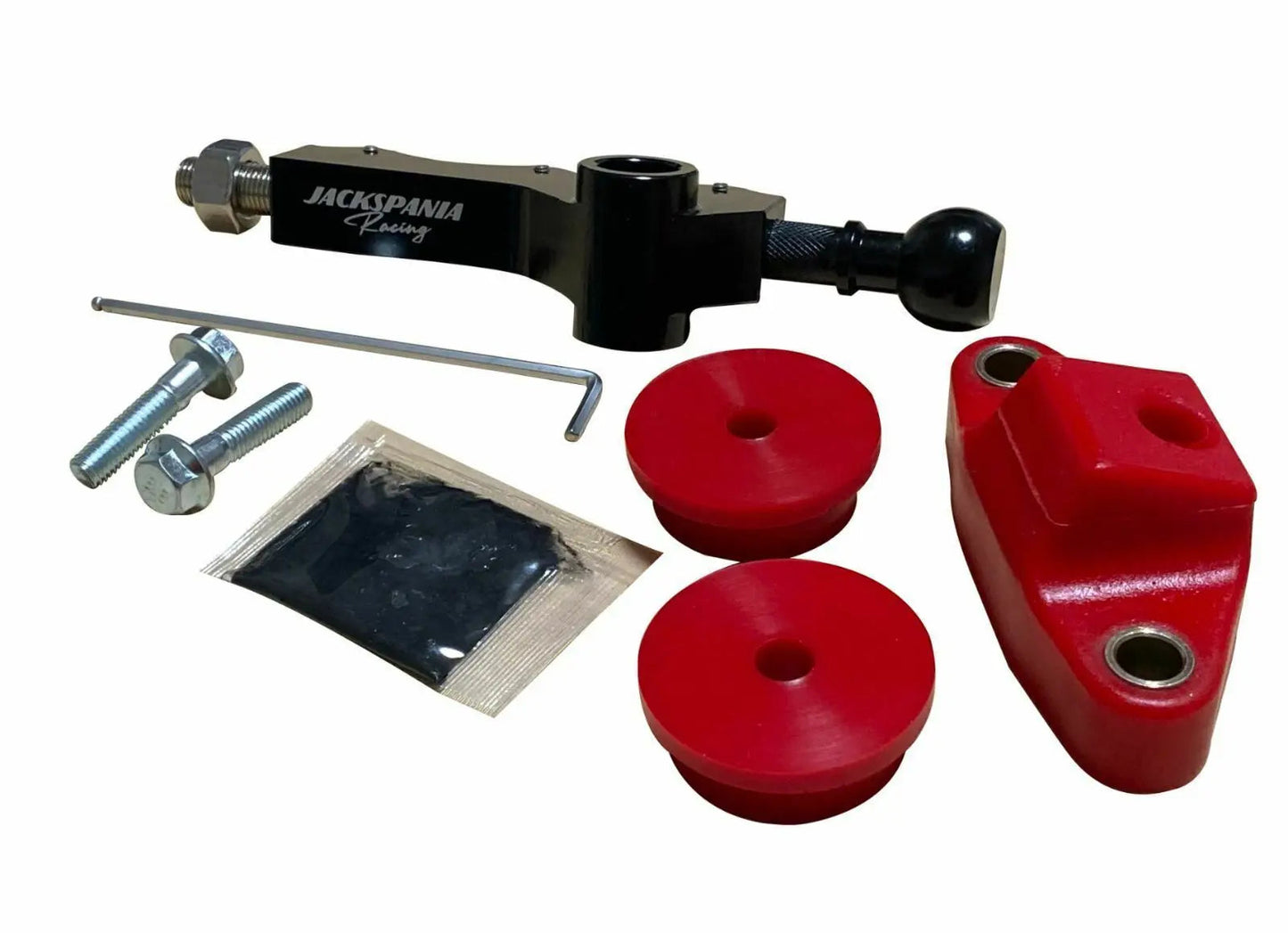 Front and rear short shifter kit with bushings for Subaru Impreza WRX and Legacy 5-speed transmission, by Jack Spania Racing.