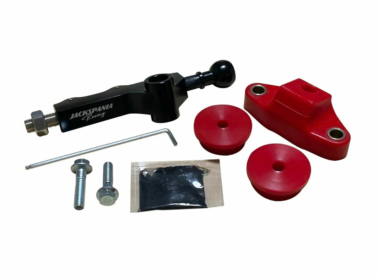Front and rear short shifter kit with bushings for Subaru Impreza WRX and Legacy 5-speed transmission, by Jack Spania Racing.