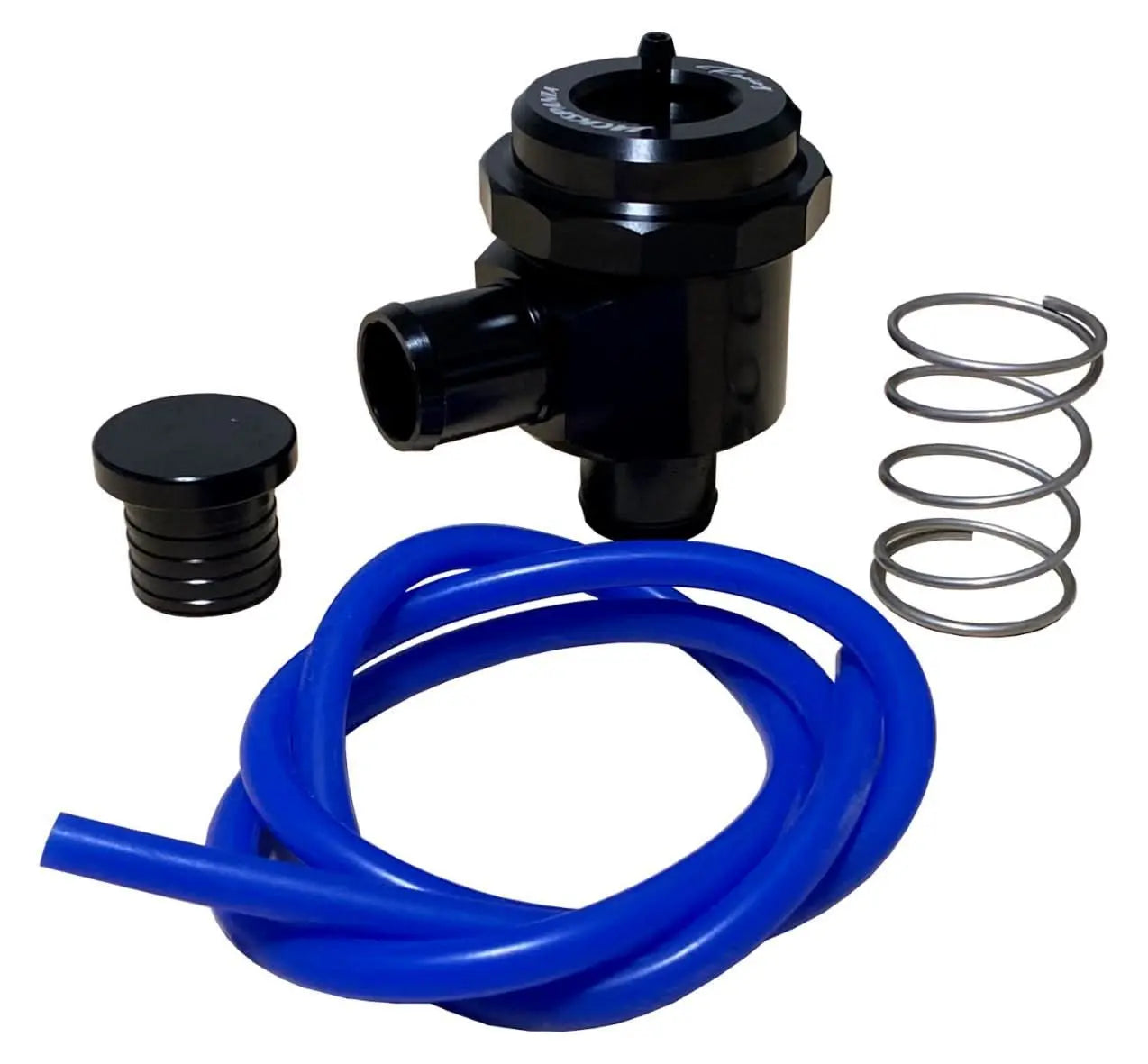 Jack Spania Racing diverter blow off valve for MK4 A4 and N54 engines, showing the metal valve and connection parts.