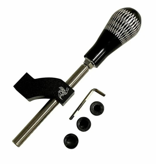 Jack Spania Racing adjustable shifter extender with shift knob, interior car accessory showing extension and ergonomic knob.