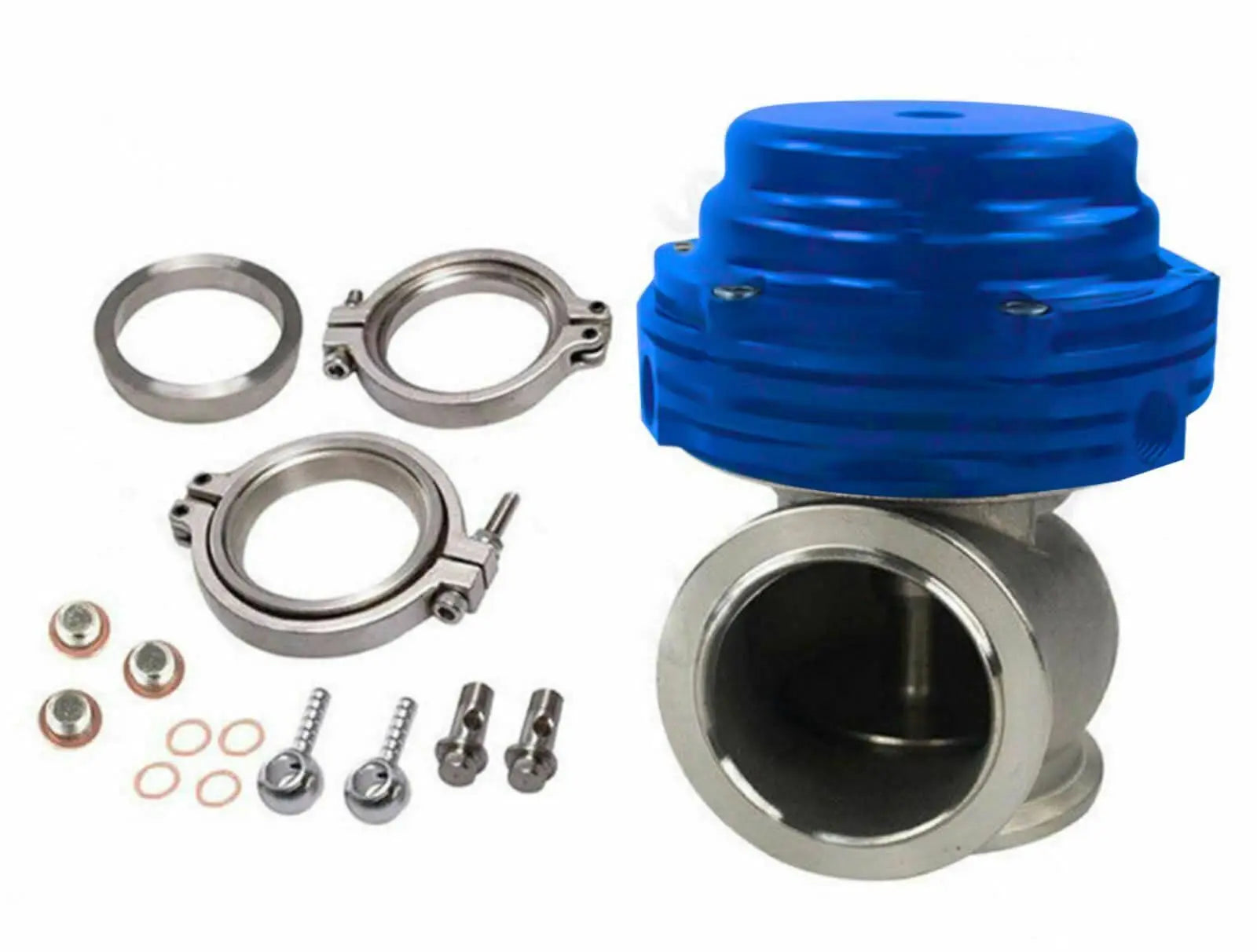 38mm external wastegate with V-band flange for turbochargers, designed by Jack Spania Racing for engine performance.