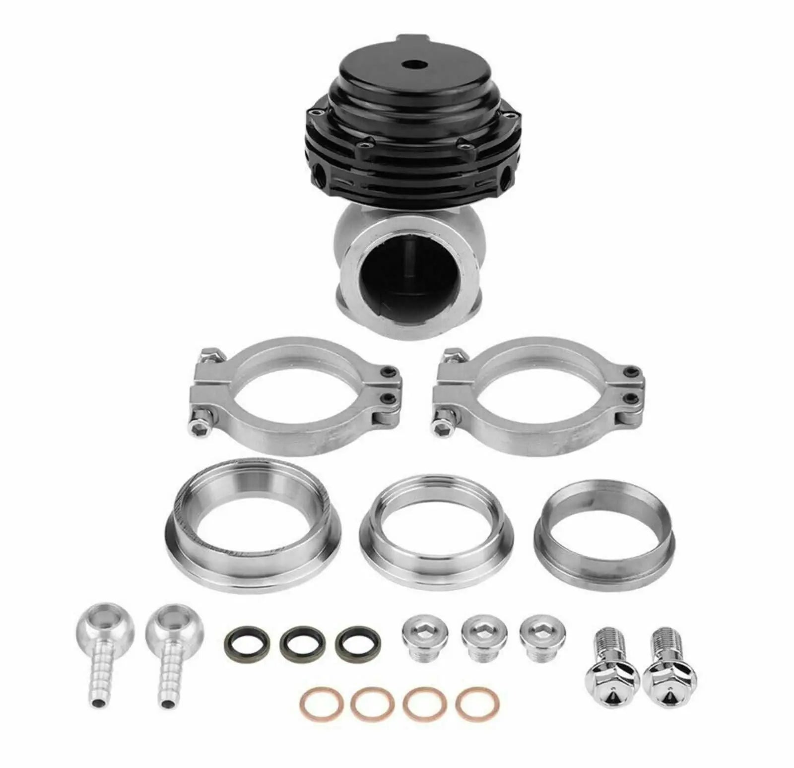 38mm external wastegate MVS V-band flange turbo from Jack Spania Racing, showing the metal flange and turbo connection details.