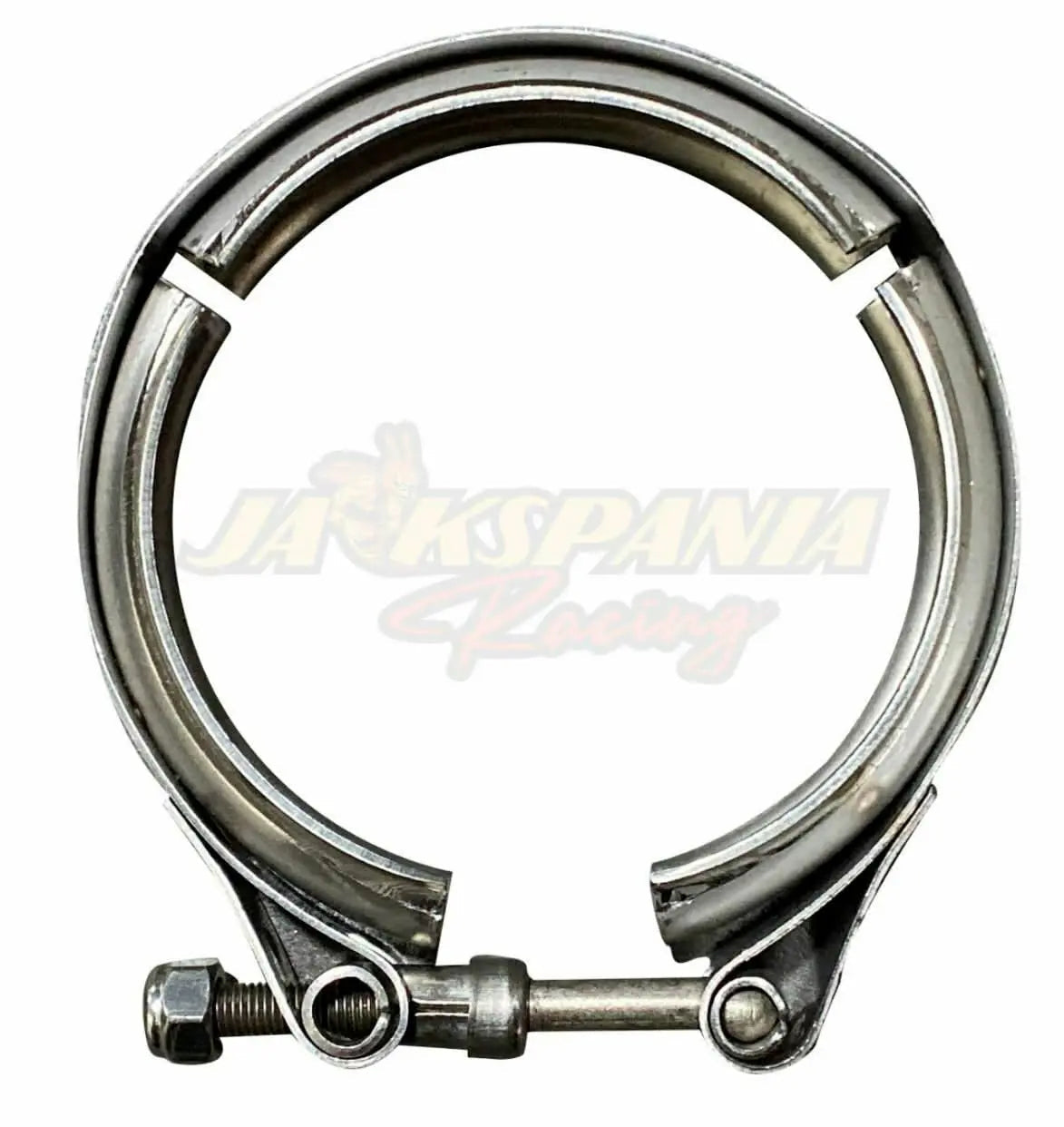 Universal 3-inch stainless steel V-band turbo downpipe exhaust clamp by Jack Spania Racing, showing the V-band connection and clamp design.
