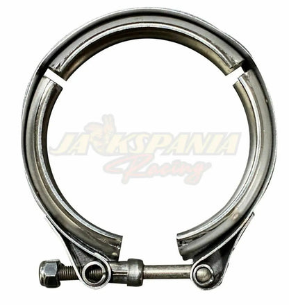 Universal 3-inch stainless steel V-band turbo downpipe exhaust clamp by Jack Spania Racing, showing the V-band connection and clamp design.