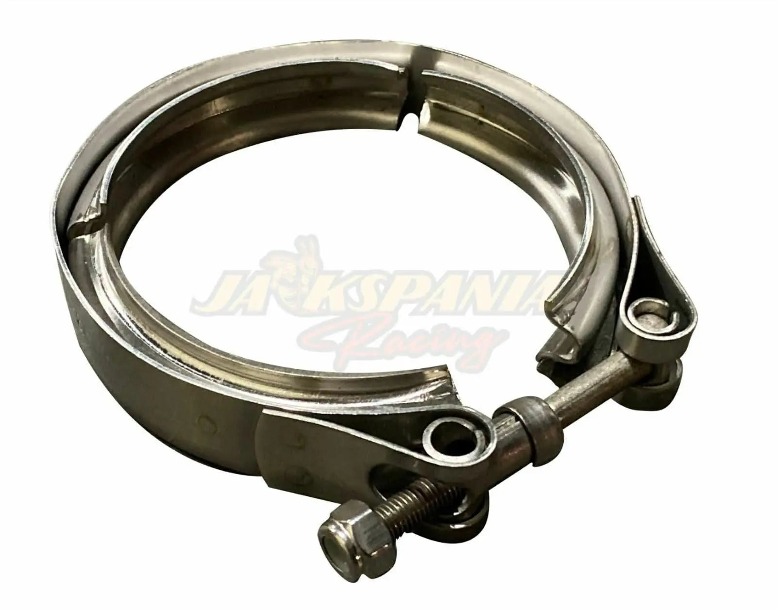 Universal 3-inch stainless steel V-band turbo downpipe exhaust clamp by Jack Spania Racing, showing the V-band design and metal finish.