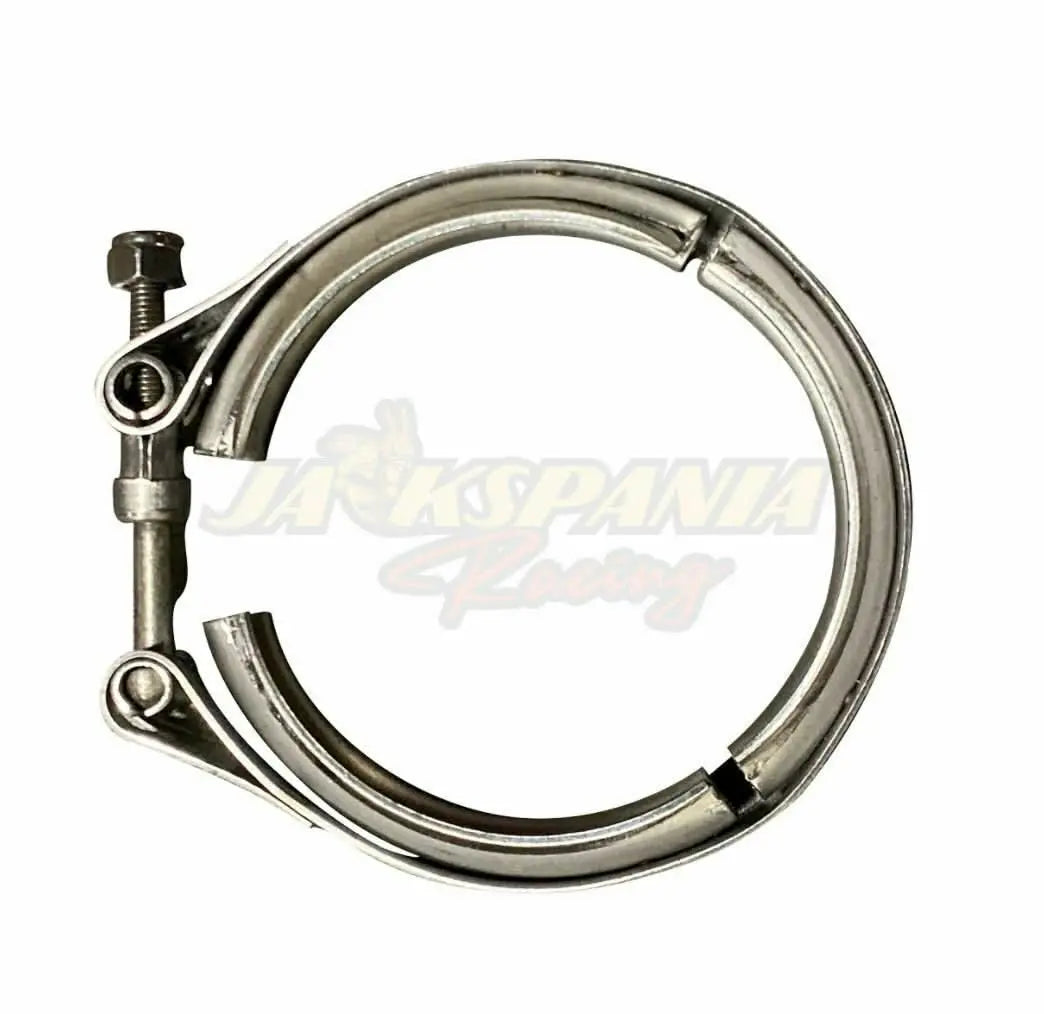 Universal 3-inch stainless steel V-band turbo downpipe exhaust clamp from Jack Spania Racing, showcasing the sturdy V-band design.