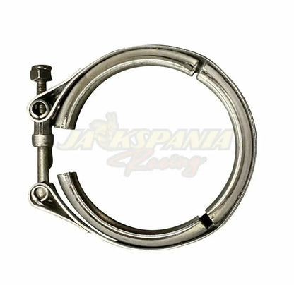 Universal 3-inch stainless steel V-band turbo downpipe exhaust clamp from Jack Spania Racing, showcasing the sturdy V-band design.