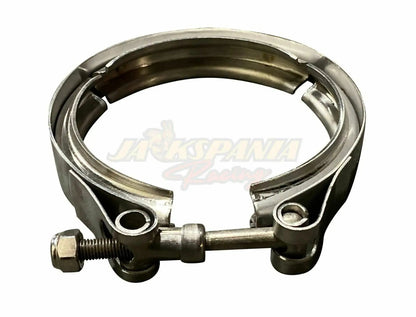 Universal 3-inch stainless steel V-band turbo downpipe exhaust clamp from Jack Spania Racing, showing the clamp and V-band design.