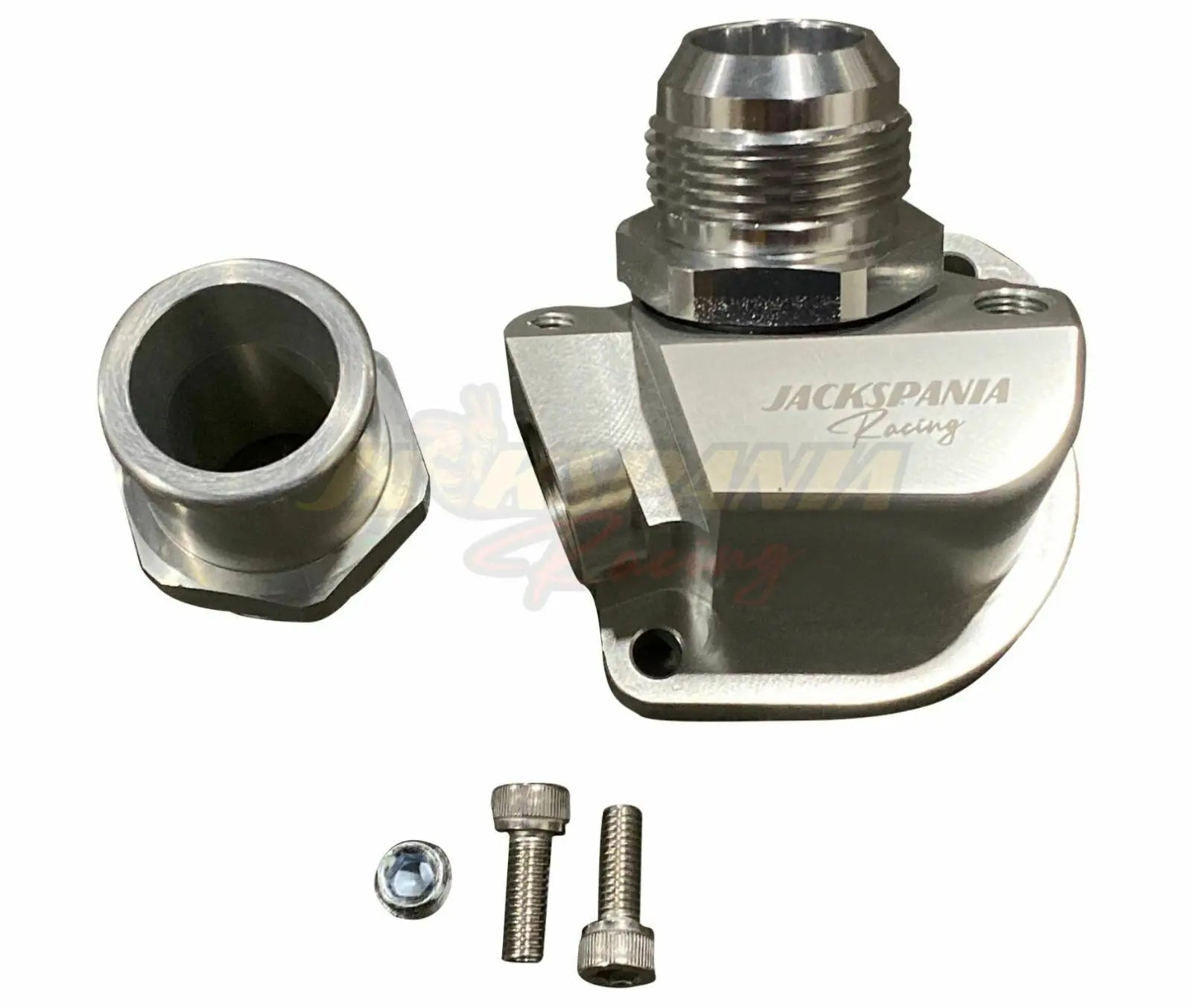 Jack Spania Racing B D Series thermostat coolant housing for Honda Acura B16 B18 B20 Civic GSR engine, compatible with 16AN fittings.
