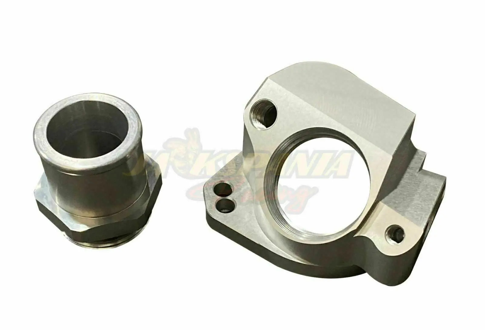 Jack Spania Racing B D Series coolant housing for Honda Acura B16 B18 B20 Civic GSR engine parts, with 16AN fitting in close-up view.