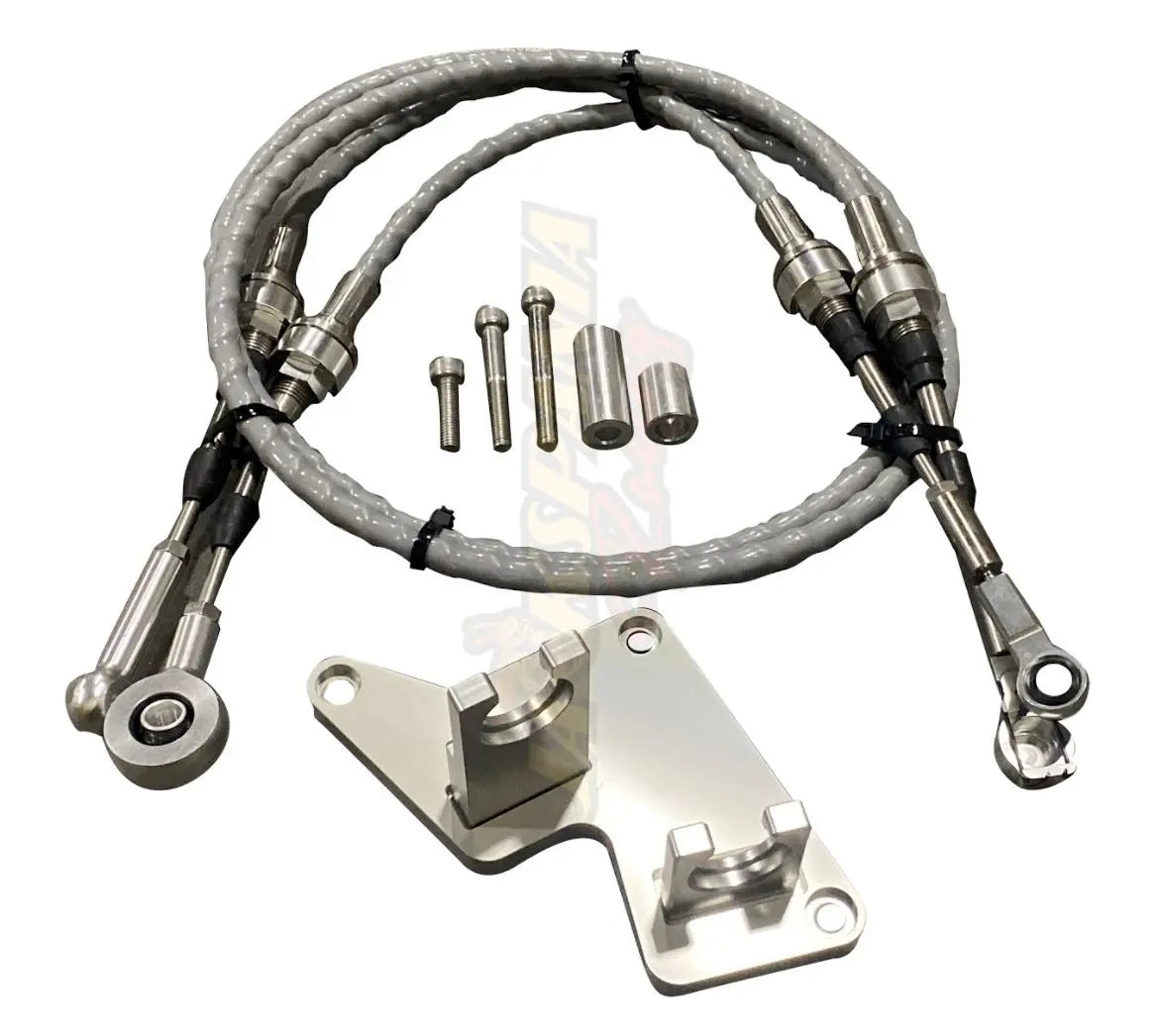 Jack Spania Racing B Series AWD shifter cables with trans bracket for B16 B18 B20 engines in Civic, CRX, and CRV models.