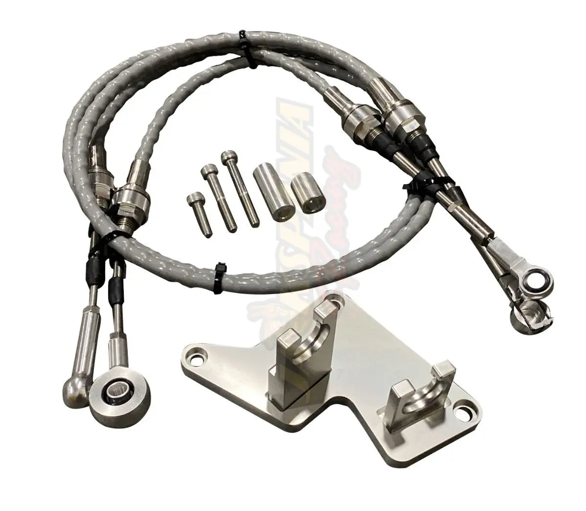 Jack Spania Racing B Series AWD shifter cables for B16, B18, B20 engines with trans bracket for Civic, CRX, and CRV models.