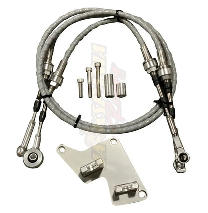 Jack Spania Racing B Series AWD shifter cables and transmission bracket for B16, B18, B20 engines in Civic and CRV models.
