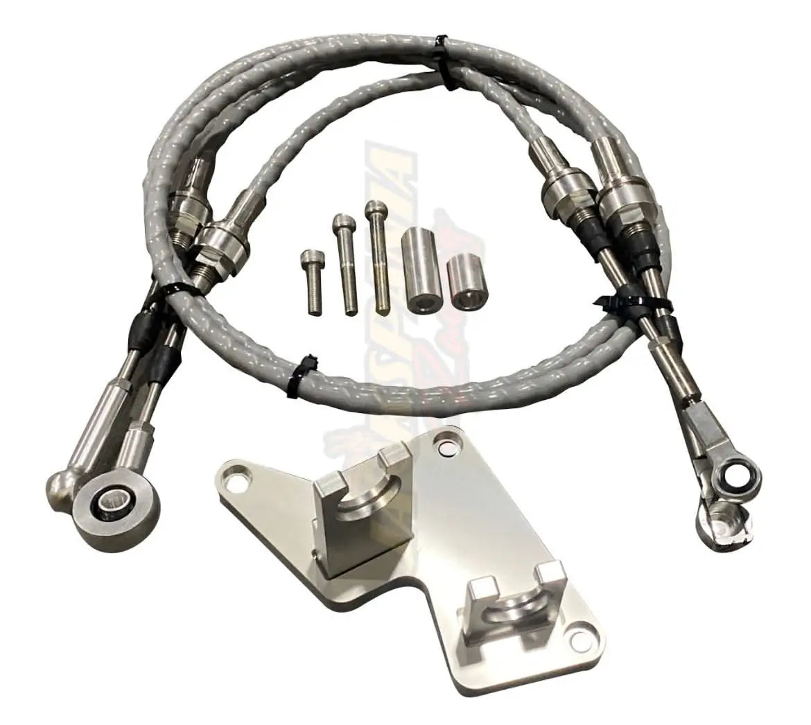 Jack Spania Racing B Series AWD shifter cables and trans bracket for B16, B18, B20 engines in Honda Civic and CRV models.