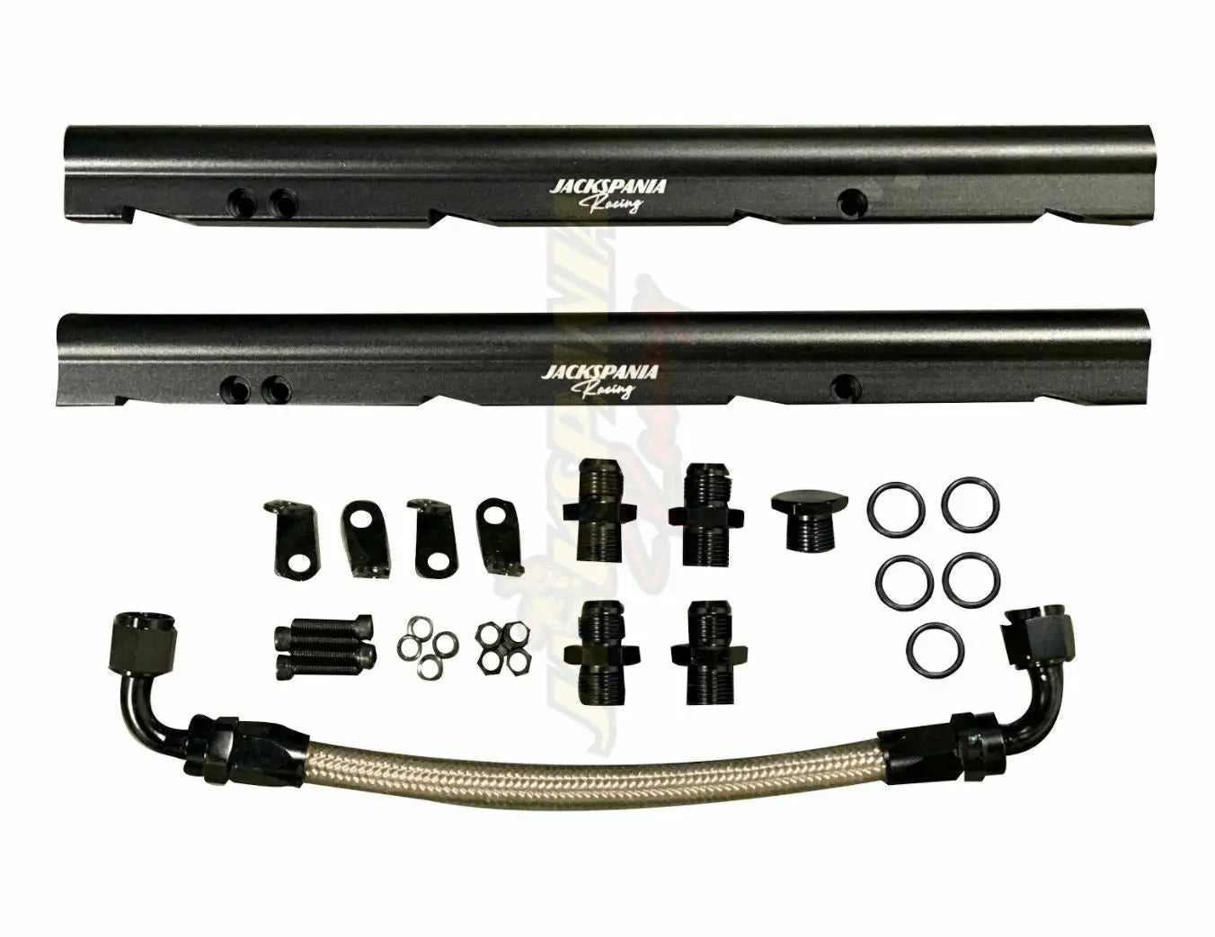 Jack Spania Racing billet OE LS fuel rail kit for GM LS1 LS2 LS6 V8 EFI engines on stock intake manifold with AN8 fittings.