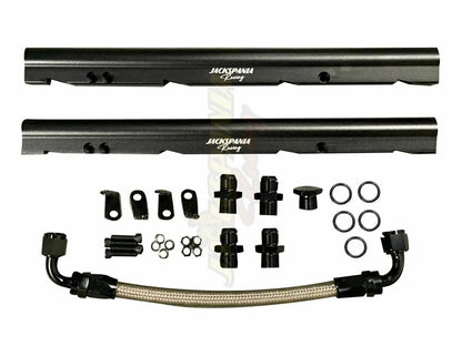 Jack Spania Racing billet OE LS fuel rail kit for GM LS1 LS2 LS6 V8 EFI engines on stock intake manifold with AN8 fittings.