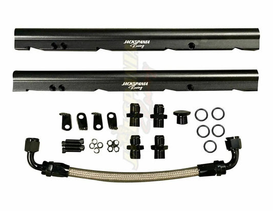 Jack Spania Racing billet OE LS fuel rail kit for GM LS1 LS2 LS6 V8 EFI engines on stock intake manifold with AN8 fittings.