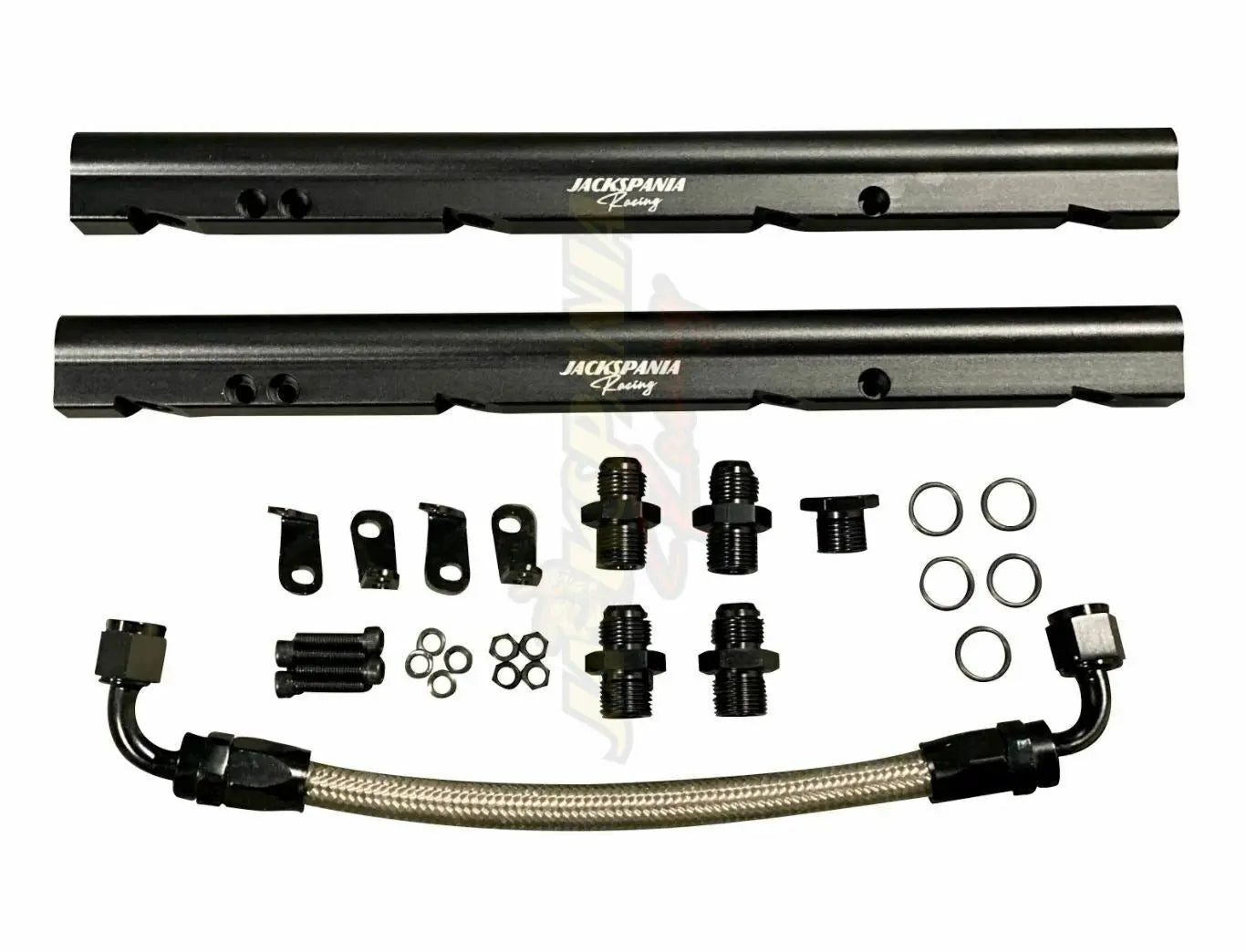 Billet OE LS fuel rail kit for GM LS1, LS2, LS6 V8 EFI engines, featuring AN8 fittings, by Jack Spania Racing.