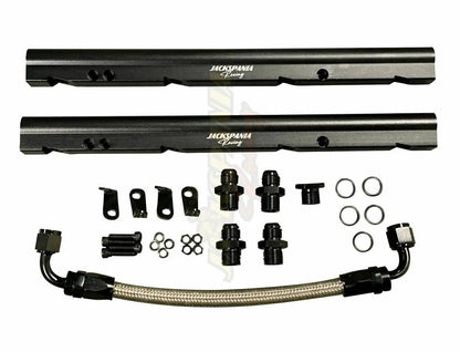 Billet OE LS fuel rail kit for GM LS1, LS2, LS6 V8 EFI engines, featuring AN8 fittings, by Jack Spania Racing.