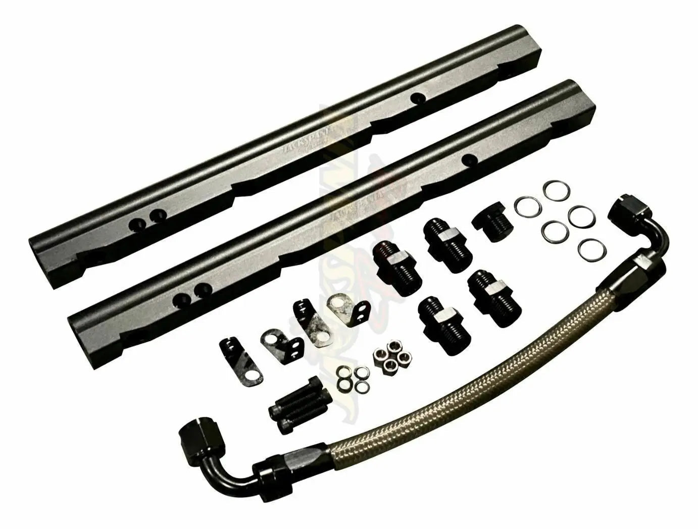 Billet OE LS fuel rail kit for GM LS1, LS2, LS6 V8 EFI engines with AN8 fittings, by Jack Spania Racing.