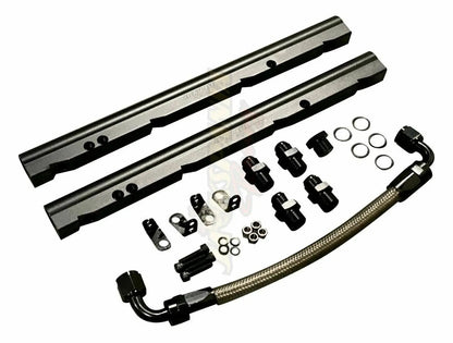 Billet OE LS fuel rail kit for GM LS1, LS2, LS6 V8 EFI engines with AN8 fittings, by Jack Spania Racing.