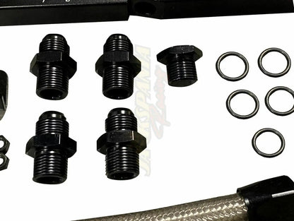 Jack Spania Racing billet OE LS fuel rail kit for GM LS1 LS2 LS6 V8 EFI engines on stock intake manifold, with AN8 fittings.