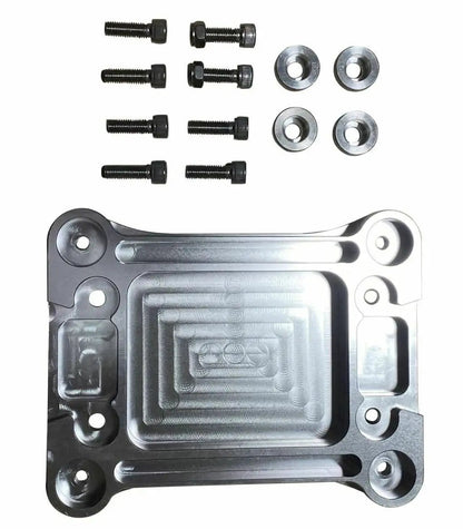 Billet Shifter Base Plate V2 for Honda TSX and Accord K24 transmission, made by Jack Spania Racing, shown on a transmission part.